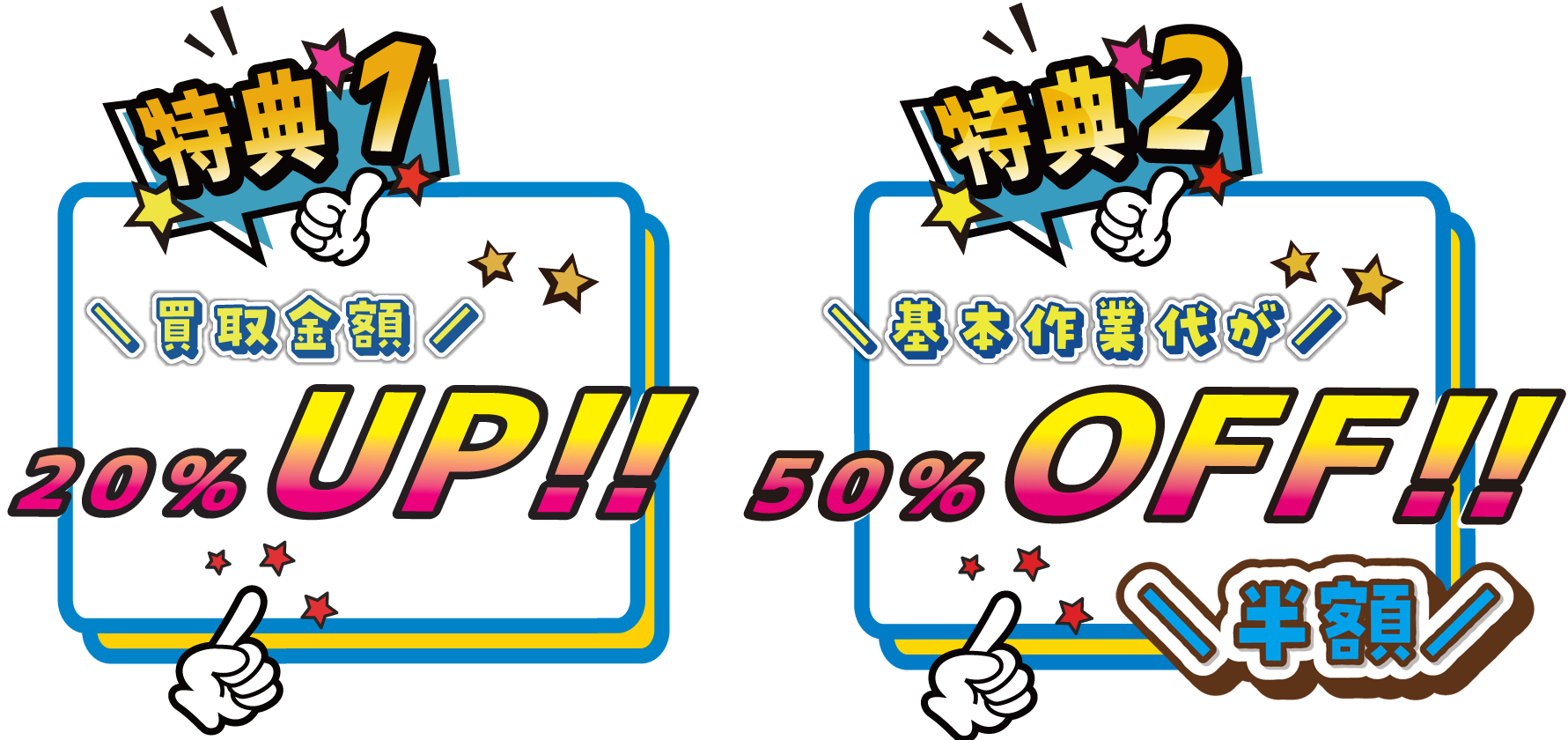 今だけ買取金額20%アップと作業代20%オフ
